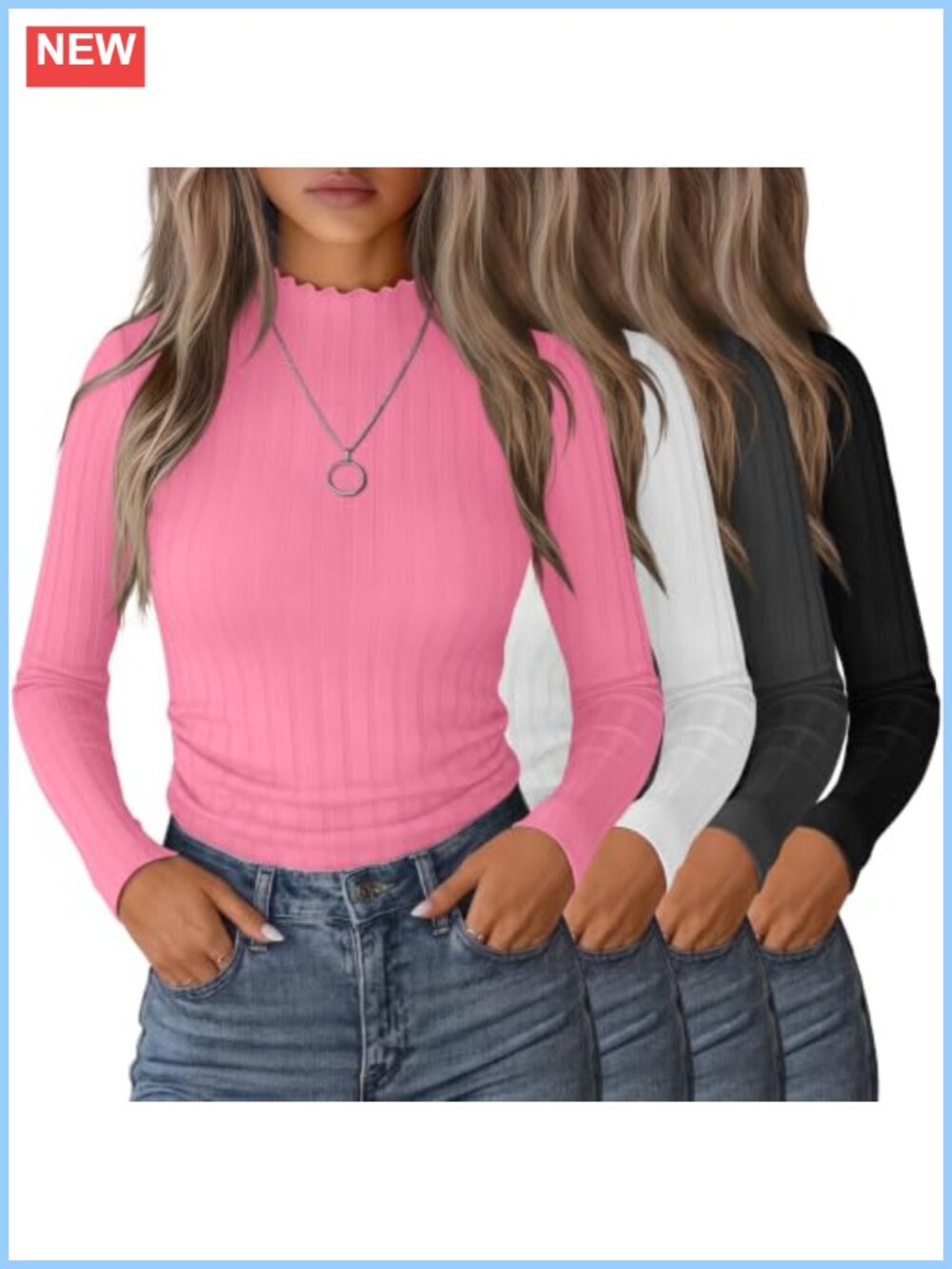 Women's Ribbed Mock Neck Long Sleeve Tops 4 Pack Slim Fit Shirts